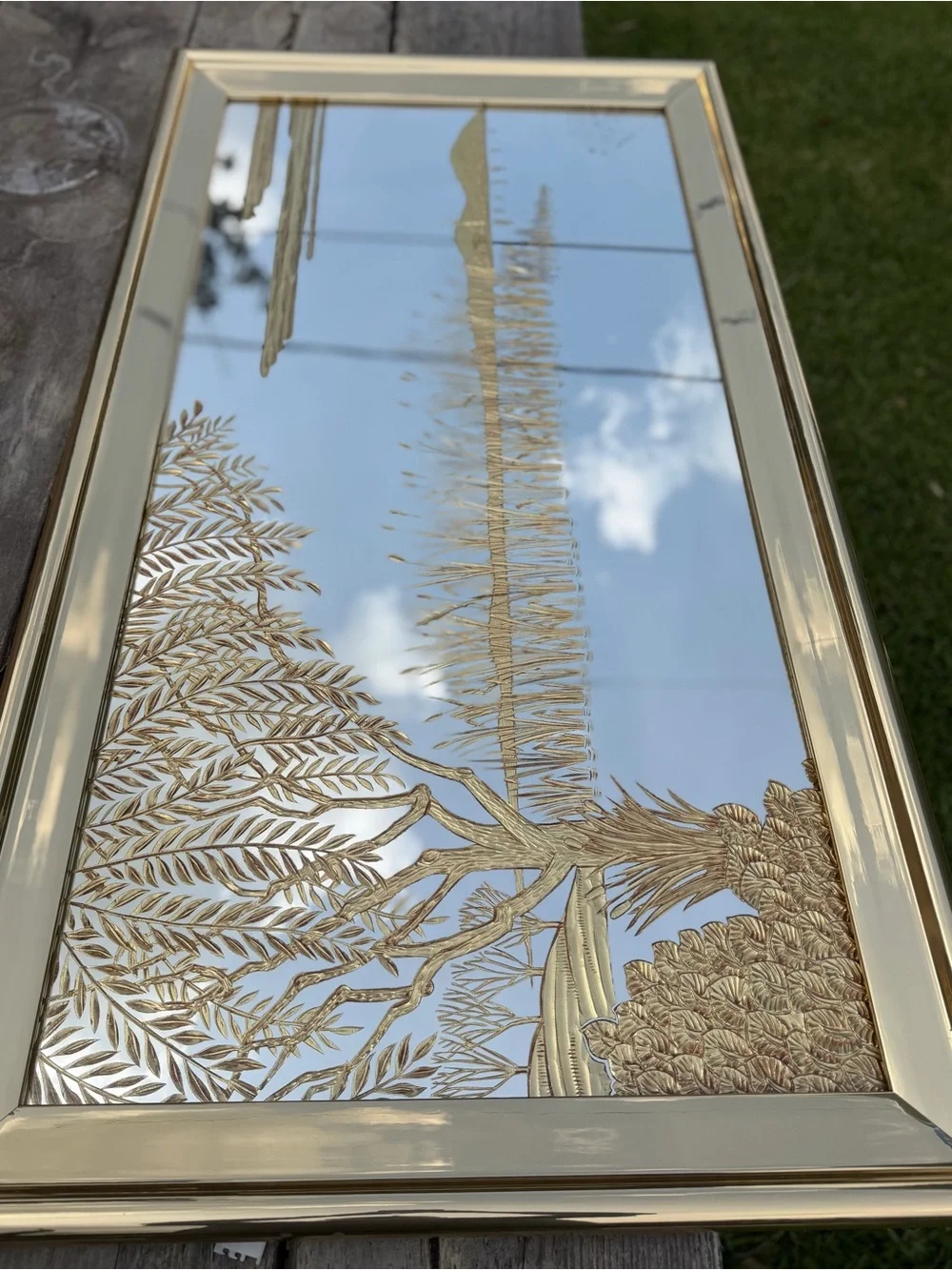 Vintage Hollywood Regency Asian 53x30 Chinoiserie Landscape Gold Etched Mirror